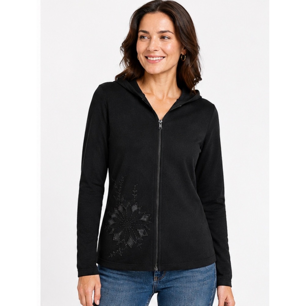 BCBG Womens Black Embroidered Zip Front Hoodie Sweater XL - Picture 3 of 8